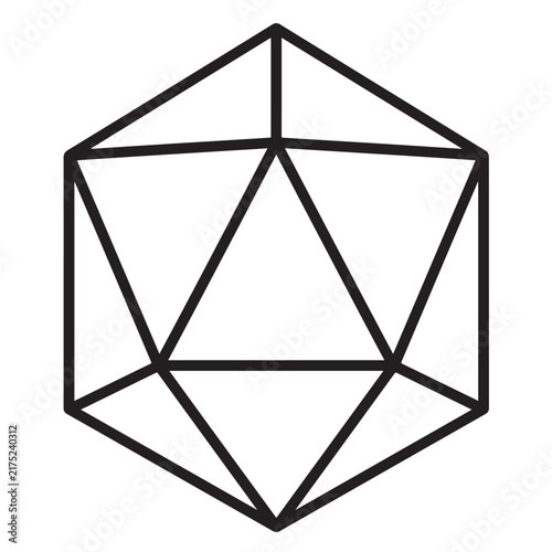 Icosahedron D20 Die Black Outline Line Art Isolated on White Background