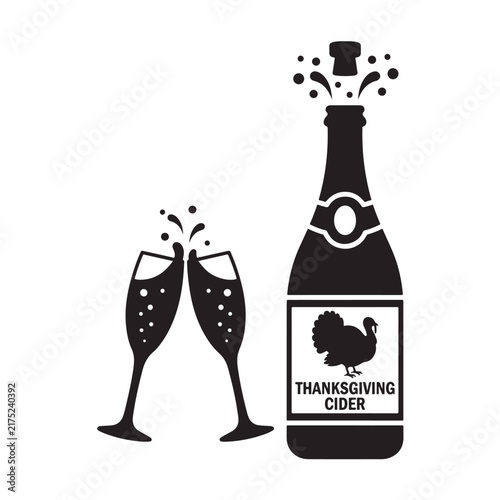 Thanksgiving Cider Bottle Popping Cork with Clinking Champagne Flutes Silhouette Vector vector icon