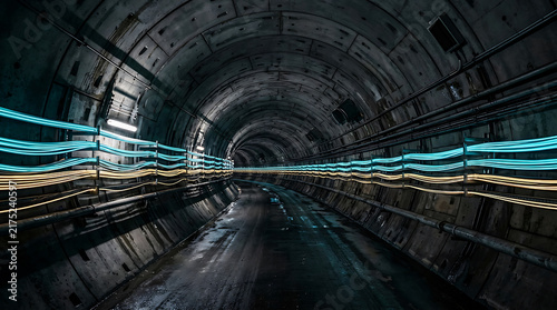 Dark concrete tunnel with illuminated blue and yellow fiber optic cables.