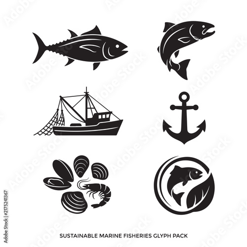 Sustainable Marine Fisheries Glyph Pack with Seafood Icons Isolated on White