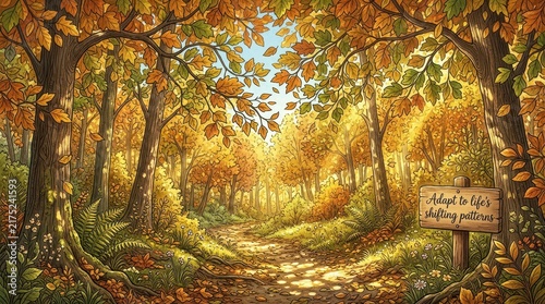 Enchanting autumn forest path with vibrant golden leaves and a wooden sign with inspirational quote