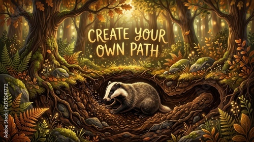 Enchanting Autumn Forest Scene with Badger and Motivational Quote 