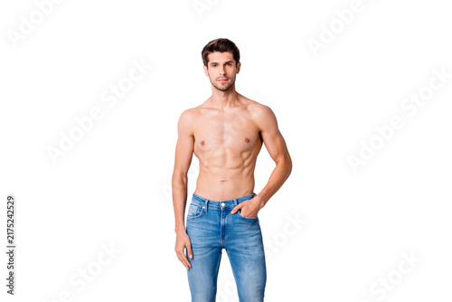 Obraz na płótnie Portrait of his he nice attractive content muscular shirtless guy dandy perfect