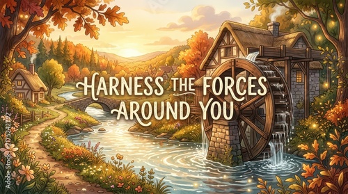 Enchanting autumn landscape with a historic watermill and inspirational quote 'Harness the Forces Around You', warm lighting