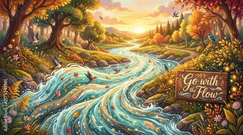 Enchanting Autumn River Landscape with Birds, Fish, and Inspirational 