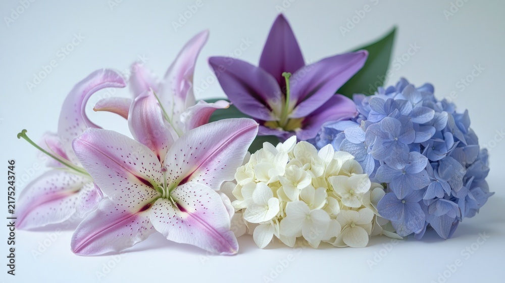 Obraz premium A stunning close-up of vibrant garden flowers like lilies, tulips, and hydrangeas, arranged delicately on a white surface.