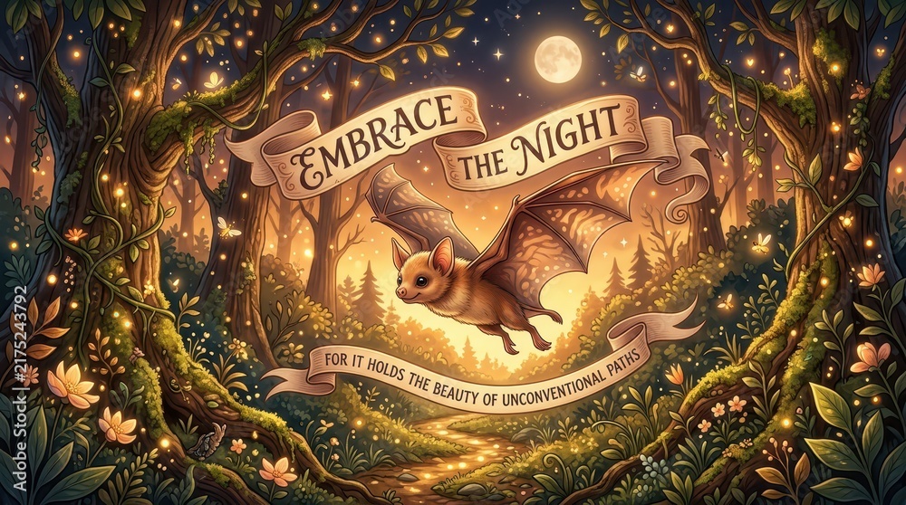 Fototapeta premium Enchanting bat flying through a magical forest at night with glowing lights and a full moon