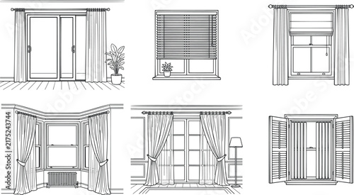 Interior window covering set curtains blinds french doors shutters roman shades bay window line art vector.