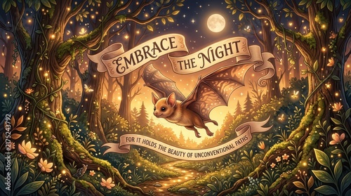 Enchanting bat flying through a magical forest at night with glowing lights and a full moon
