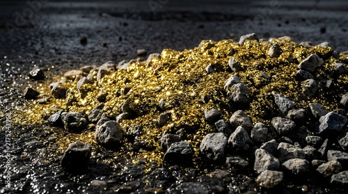 Sparkling gold flakes mixed with ordinary gray gravel on wet asphalt representing hidden wealth and the discovery of unexpected treasures