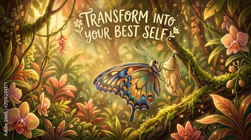 Enchanting Butterfly Metamorphosis in Lush Rainforest: Transform into Your Best Self Concept