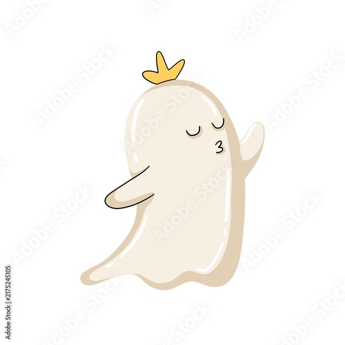 Playful ghost character wearing a yellow crown and blowing a kiss. Hand drawn Halloween cartoon illustration with a charming spooky spirit.