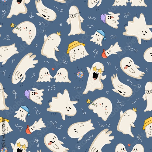 Seamless Halloween pattern with playful ghost characters in different poses and costumes on a blue background. Hand drawn spooky cartoon design.