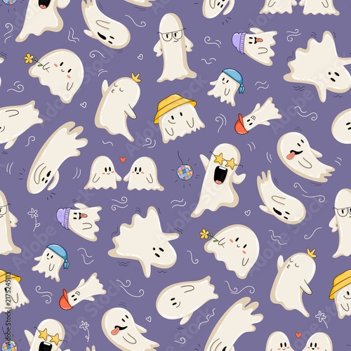 Seamless Halloween pattern with playful ghost characters in different poses and costumes on a purple background. Hand drawn spooky cartoon design.