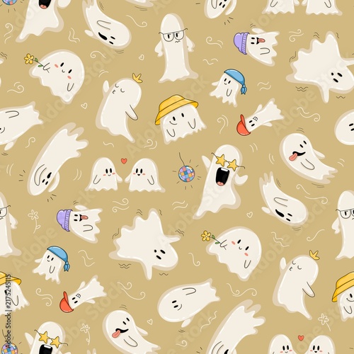 Seamless Halloween pattern with playful ghost characters in different poses and costumes on a beige background. Hand drawn spooky cartoon design.