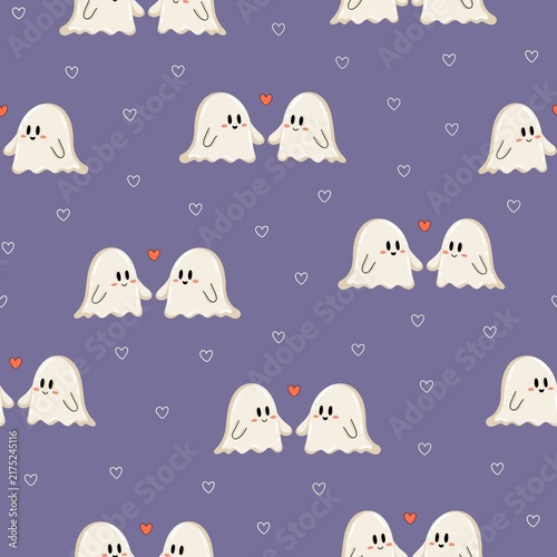 Seamless pattern with smiling ghost couples, small hearts and romantic Halloween theme on a purple background. Hand drawn spooky love design.