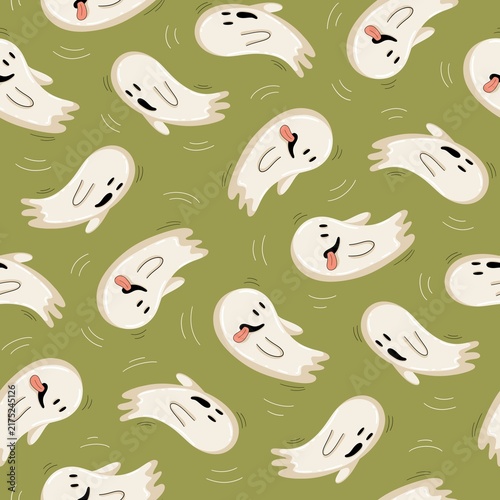 Seamless Halloween pattern with playful flying ghosts, silly expressions and motion lines on a green background. Hand drawn spooky cartoon design.