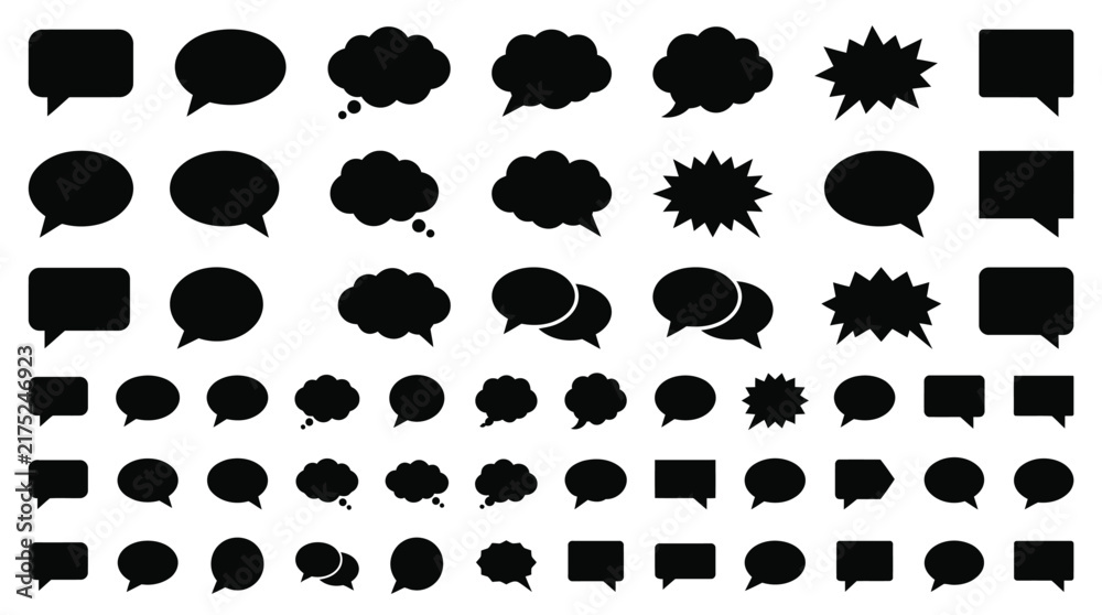Fototapeta premium Collection of various black silhouette speech bubbles and comic thought clouds for creative design projects and digital messaging interface elements