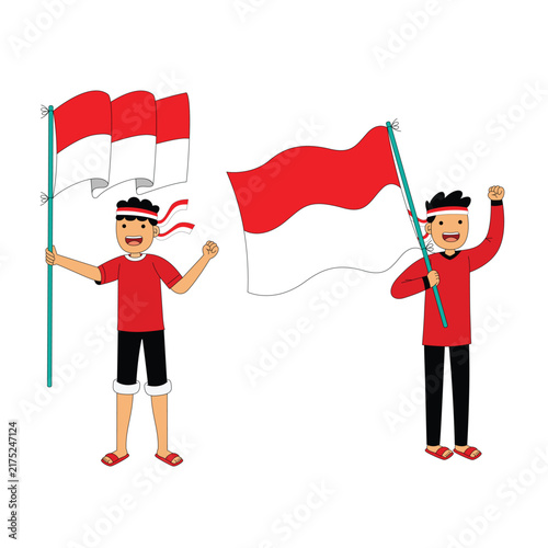 Two Boys Holding Indonesian Flag Celebration Illustration