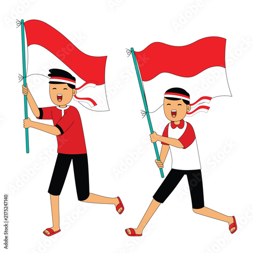 Two Boys Holding Indonesian Flag Celebration Illustration
