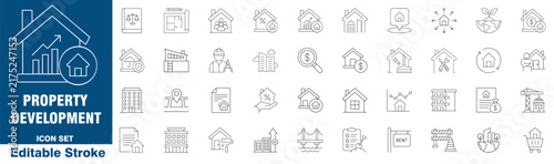 Property development and real estate business icon set with  construction and housing industry thin line style,  vector illustration editable stroke