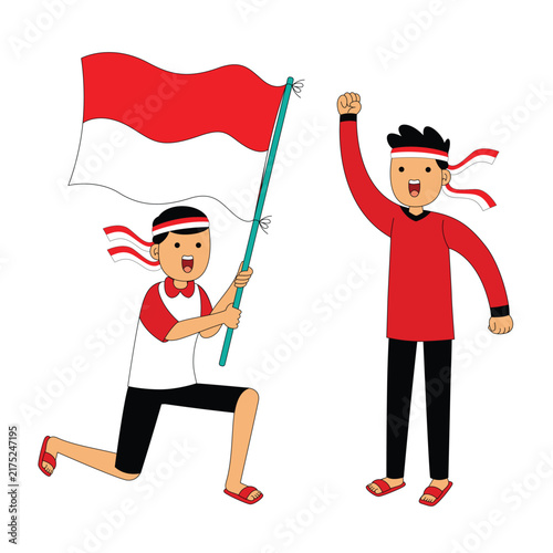 Two Boys Holding Indonesian Flag Celebration Illustration