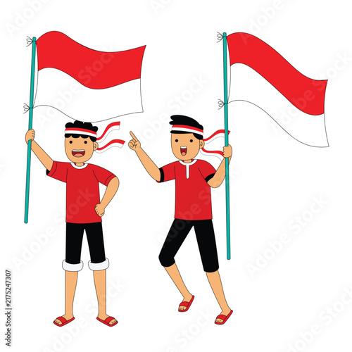 Two Boys Holding Indonesian Flag Celebration Illustration
