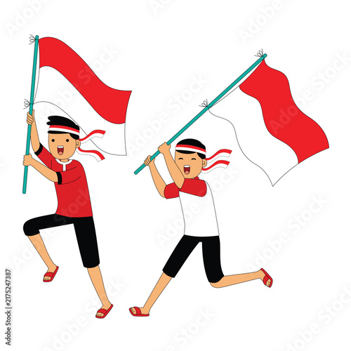 Two Boys Holding Indonesian Flag Celebration Illustration