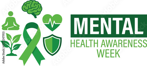 Mental health awareness week illustration with ribbon brain heart shield and plant graphics in green tones