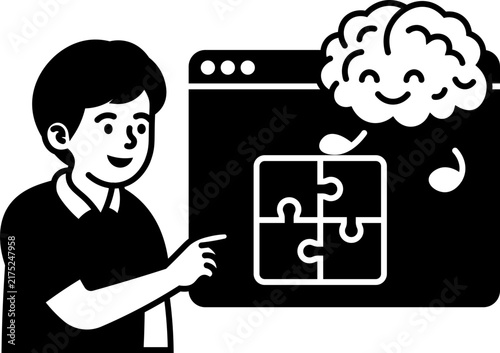 boy pointing at brain solving puzzle screen illustration vector outline
