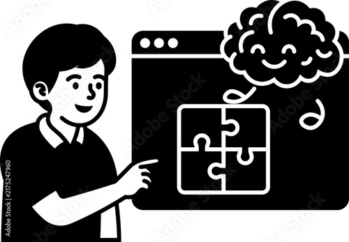 boy pointing at brain solving puzzle screen illustration vector outline