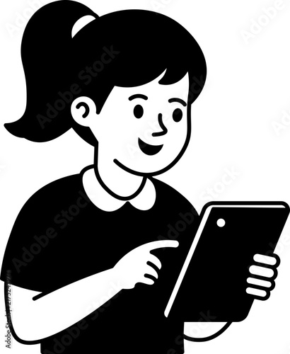 happy girl using digital tablet illustration vector outline