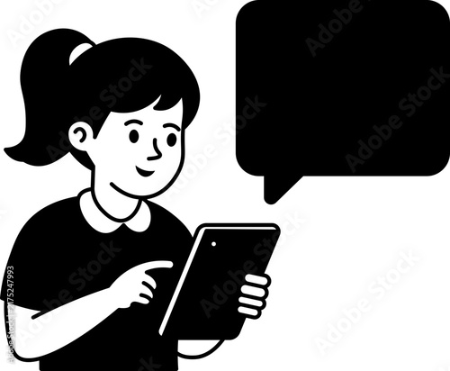 girl using tablet with blank speech bubble illustration vector outline