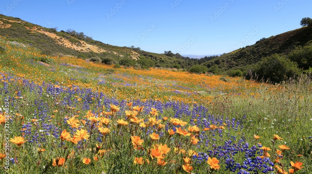 Fototapeta premium A vibrant wildflower meadow with a variety of blooming flowers in bright colors, set against a clear sky.
