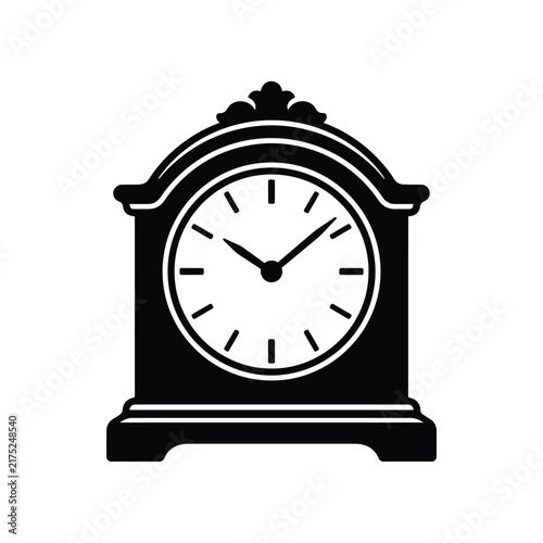 Halloween, Vintage mantel clock vector icon, antique tabletop timepiece silhouette, classic black desk clock illustration for home decor isolated on White Background