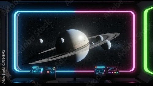Spaceship window view of ringed planet and moons.