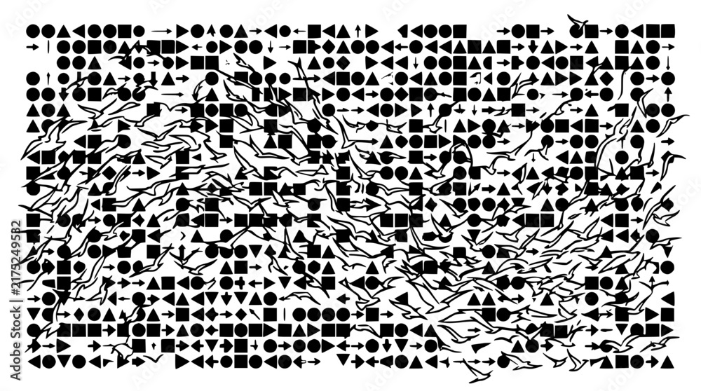 Fototapeta premium Bird swarm set with chaotic movement featuring stylized shapes, monochrome, and abstract forms with flight pattern and dense composition