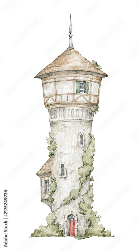 Obraz premium Watercolor medieval tower, hand drawn building, whimsical european fairy tale house
