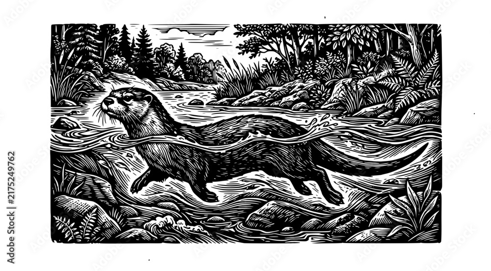 Obraz premium River otter set with detailed woodcut style illustration featuring wildlife, river, forest with black and white, engraving
