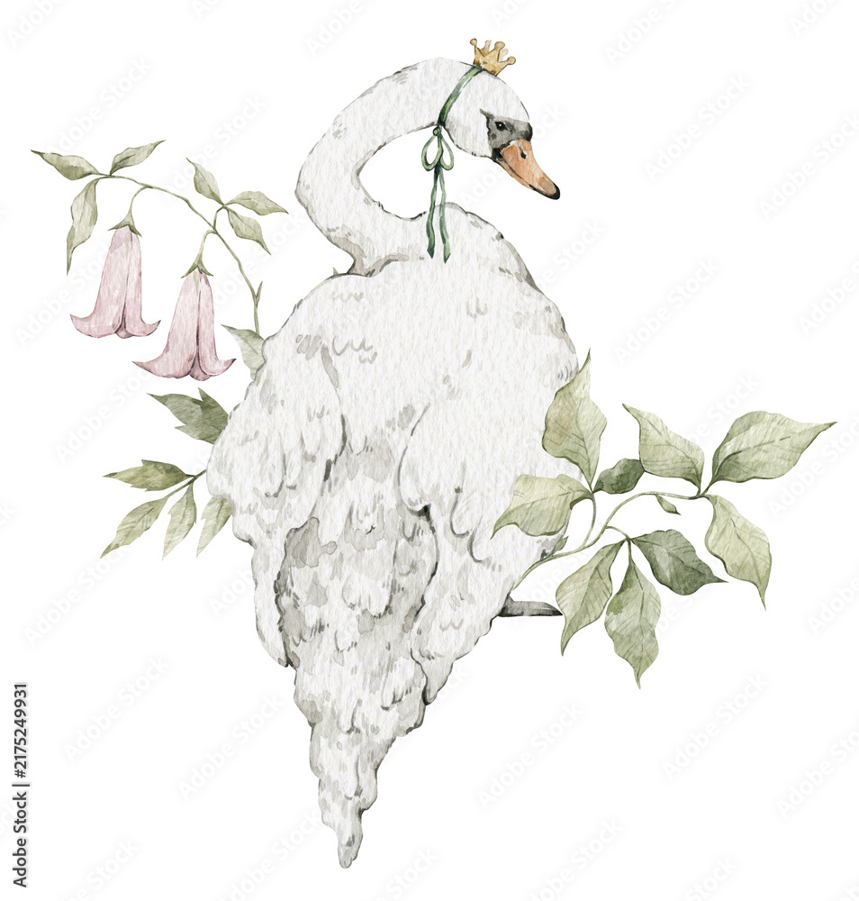 Obraz premium Cute watercolor white swan with crown, flowers, leaves. Charming bird and flora