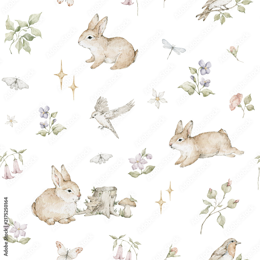 Fototapeta premium Watercolor seamless pattern with cute rabbits, flowers, leaves, birds, stars, butterflies. Woodland animals, bunny, cute forest nature