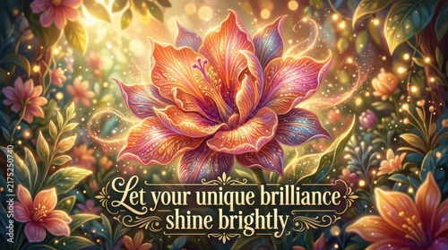 Enchanting fantasy garden with a vibrant, glowing flower and mystical light sparks, text 'Let your unique brilliance shine brightly'