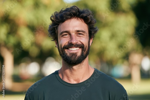 Confident man in casual attire smiling at camera in a park setting