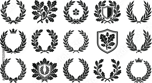 Collection of black laurel wreath and shield emblems