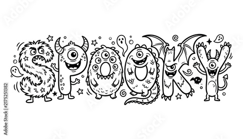 Spooky monster typography coloring page for Halloween celebration with cute creepy characters