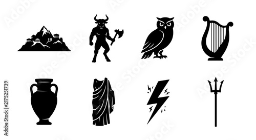 Ancient Greek Mythology Icons Set: Minotaur, Owl, Lyre, Amphora, Toga, Lightning Bolt, Trident, Mountain Village Vector Symbols