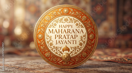 Decorative metallic coin celebrating Maharana Pratap Jayanti with intricate floral patterns and festive connotations