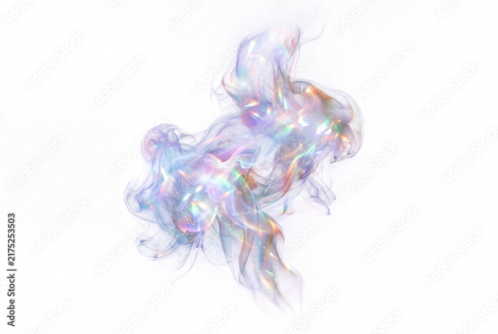 Obraz premium Translucent iridescent smoke swirl with holographic rainbow glow on a clean white background, ideal for beauty branding, luxury packaging, wellness, posters, and modern abstract design.
