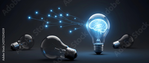Glowing digital brain inside light bulb symbolizing an artificial intelligence breakthrough, creative idea, and unique tech innovation amidst dark, unlit bulbs on a sleek surface.