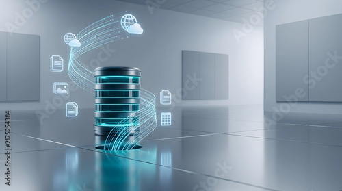Modern cloud database server storage networking concept with glowing data streams and digital icons in a minimalist futuristic data center room.
